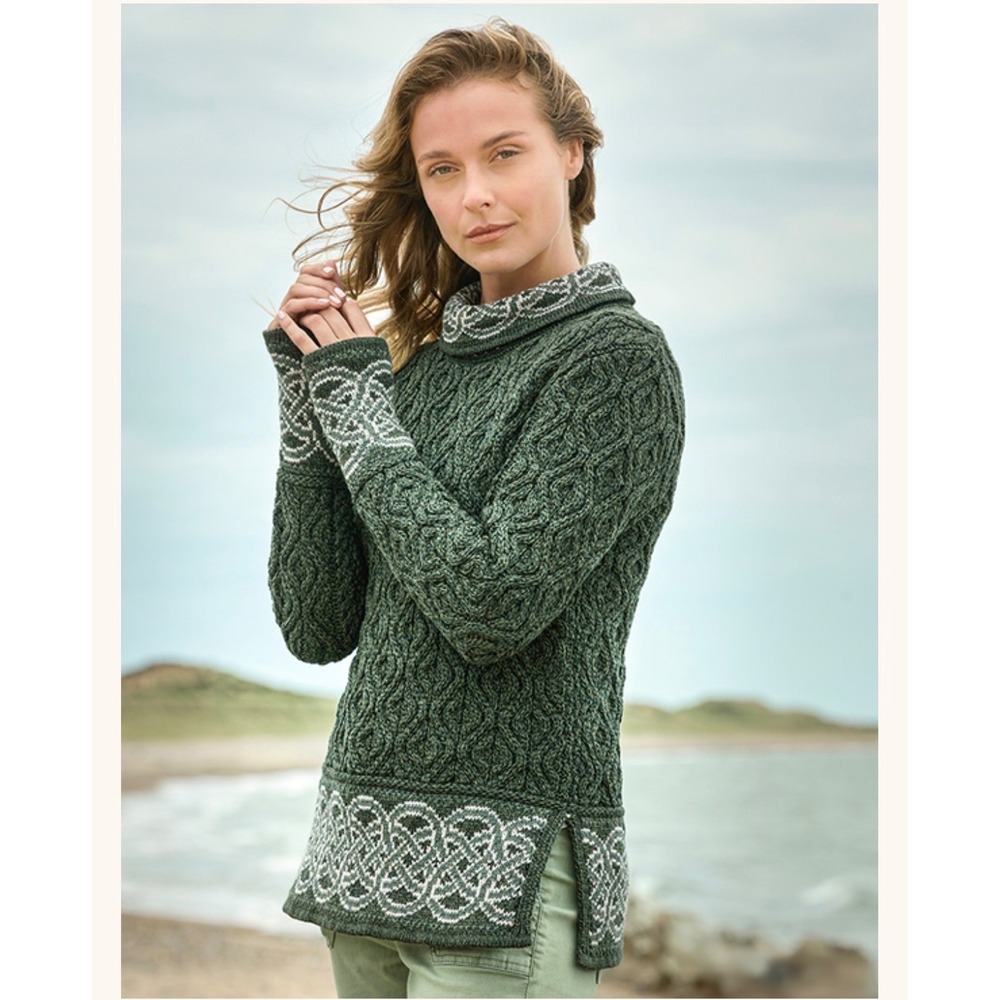 Aran Sweater Market Merino Wool Irish Celtic Jacquard Knit Sweater Green XL